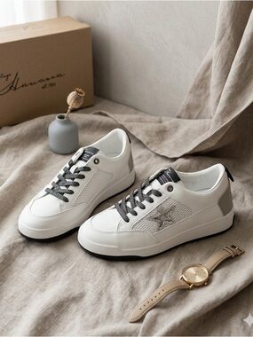 Vintage Havana Side Star Leather Sneakers White Silver 7.5W New